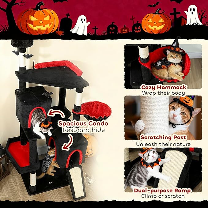 PawHut Gothic Cat Tree, 78" Extra Tall Cat Tower for Indoor Kittens with 2 Spacious Condos, Sisal Scratching Posts, 4 Bat Hanging Balls, Comfy Hammock, Ramp, Bed, Black and Red Halloween