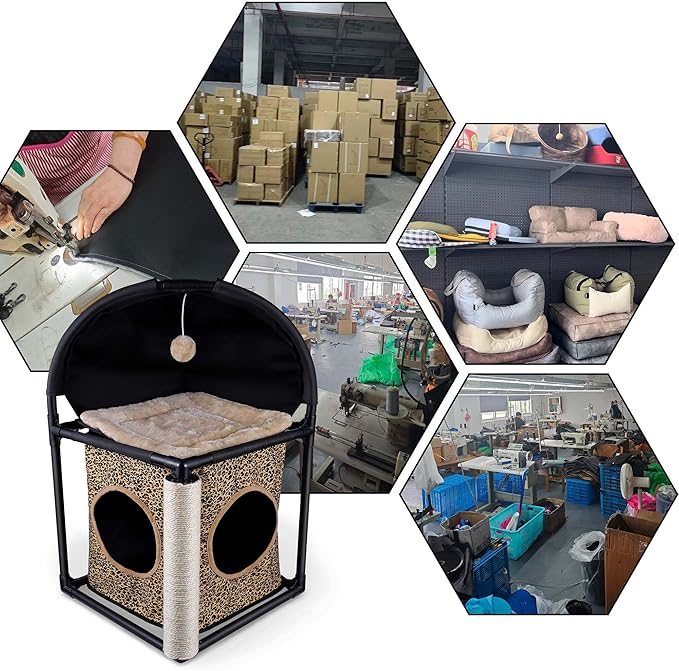 Goetland PVC Modern Cat Condo Cat House Cat Tree Small Cat Tower Bed Scratching Post Dangling Ball Hole for Kitty Indoors Cat Leopard