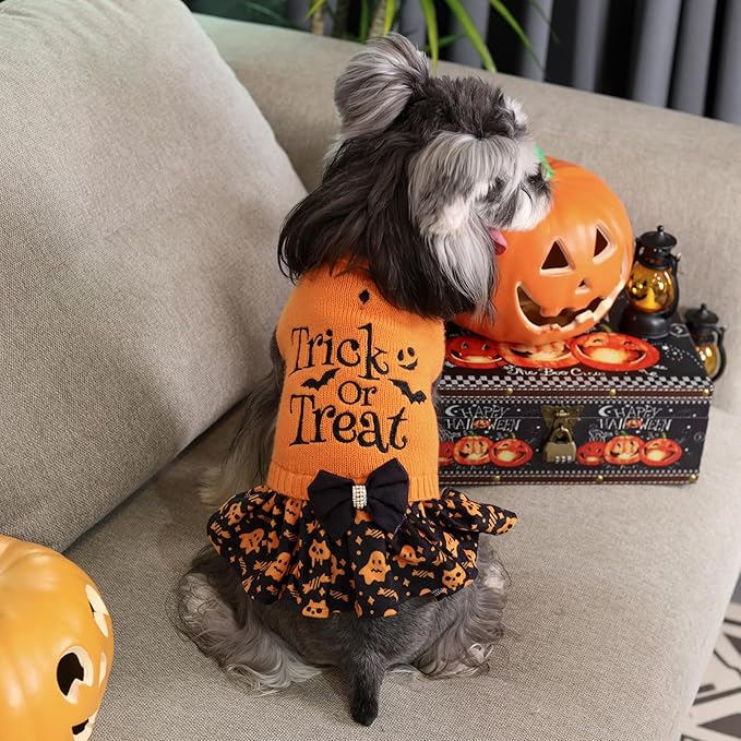CuteBone Halloween Dog Sweater Dress Trick or Treat Knit Turtleneck Puppy Sweater with Bowtie Harness Hole Pullover Winter Dress for Medium Dogs, x-large