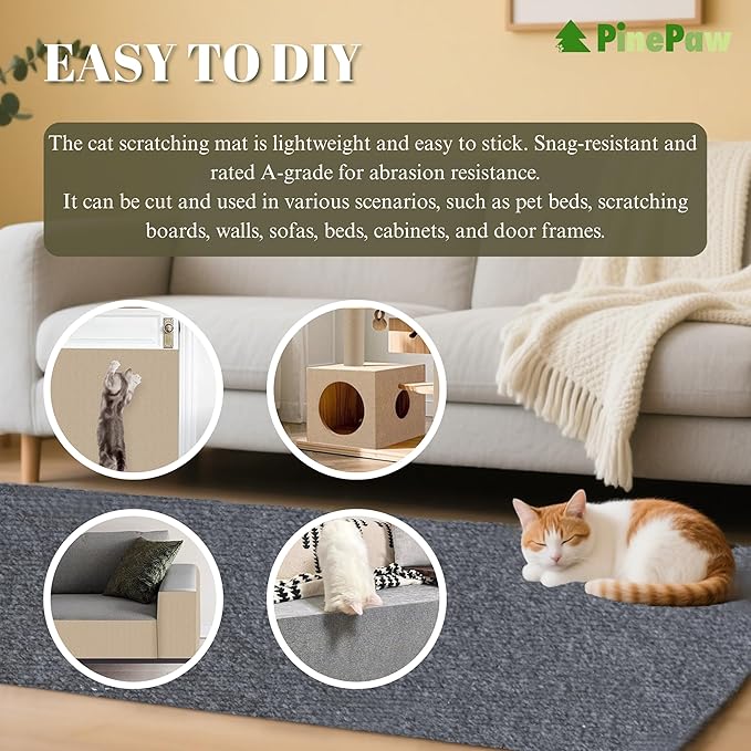 PinePaw Cat Scratch Furniture Protector - Trimmable Self-Adhesive Carpet DIY Climbing Cat Scratcher Pad for Couch Protector from Cat Claws Scratching Covering Cat Tower (Brown 11.8'' × 39.4'')