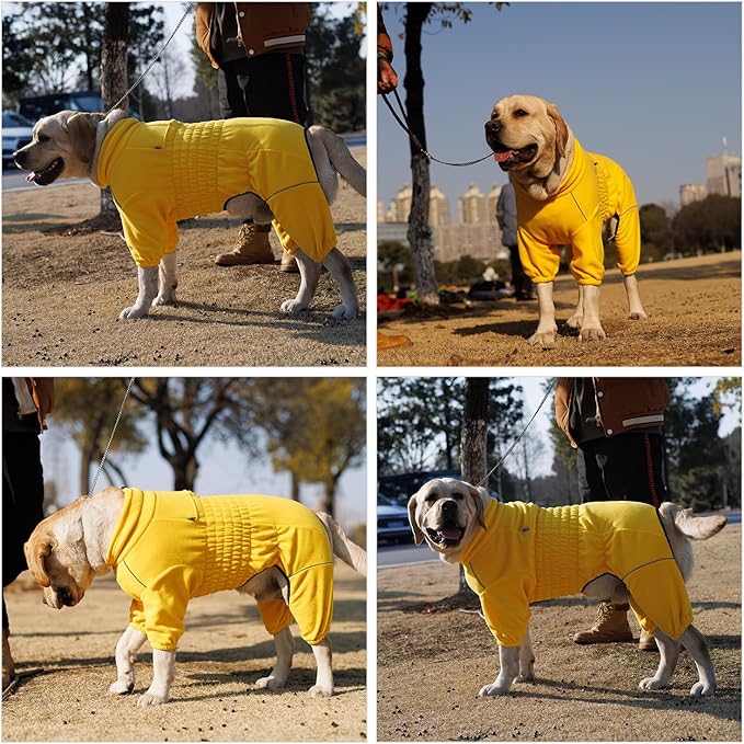 Lovelonglong Warm Dog Coat, Windproof Dog Jacket for Small Medium Large Dogs, 4 Legged Fleece Dog Winter Coat Zippered Closure Dog Outdoor Jacket Yellow XXXXL