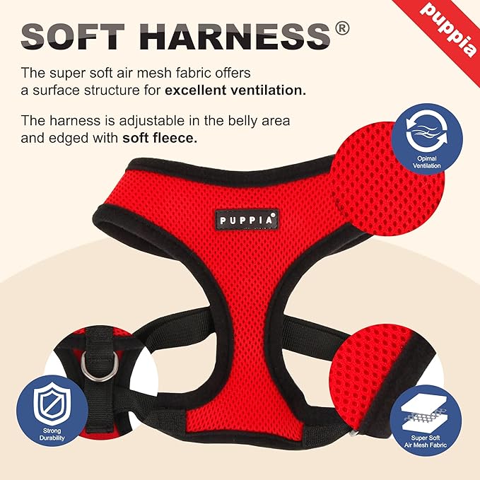 Puppia Soft Dog Harness No Choke Over-The-Head Triple Layered Breathable Mesh Adjustable Chest Belt and Quick-Release Buckle, Brown, Small