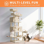 68.5 in Multi-Level Cat Tree for Indoor Cats Large Adult Heavy Duty Cat Tower for Large Cats with 2 Condos/Plush Perches/Sisal Scratching Posts/Hammocks/Basket/Dangling Balls, #2604 Beige