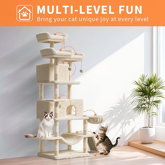 68.5 in Multi-Level Cat Tree for Indoor Cats Large Adult Heavy Duty Cat Tower for Large Cats with 2 Condos/Plush Perches/Sisal Scratching Posts/Hammocks/Basket/Dangling Balls, #2604 Beige