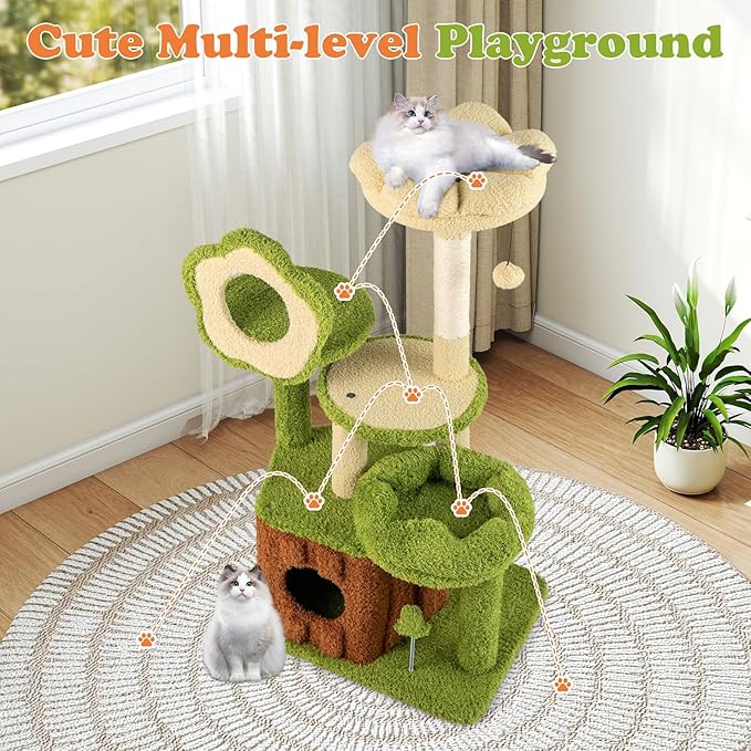 Tangkula Cute Cat Tree Green Forest, 40 Inch Multi-Level Aesthetic Cat Tower with Sisal Scratching Posts, Trunk Condo, Flower Perch, Plush Napping Bed, Pompom, Spring Toy, Platforms for Indoor Cats