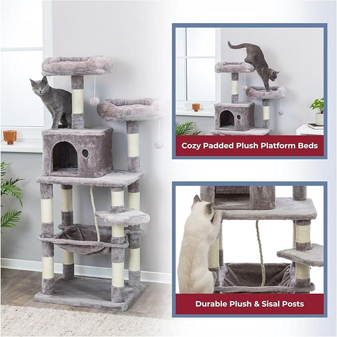 Trixie Eduardo Cat Tree – Cat Tower with Jute & Plush Posts, Condo, Hammock & Toys – Durable Cat Furniture for Indoor Cats – Gray, 21.7" x 17.7" x 57.1"