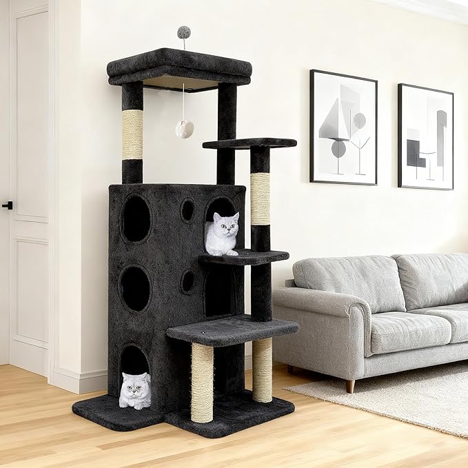 Cat Tree Tower for Indoor Cats, Adult Cat Tree House for Large Adult Cats with Steps, Scratching Post, 3 Cat Caves, Dangling Toys (Dark Gray)