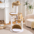 Wood Modern Cat Tree for Indoor Cat, 46" Tall Cat Tower with Scratching Posts, Cat Condo, Aesthetic Multi-Level Cat Climbing Tree with Hand-Woven Bed for Adult Cats-Nature