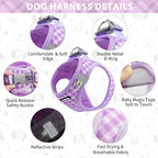 AIITLE Small Dog Harness with Leash – Soft Breathable Mesh, Plaid Pattern & Reflective Strips – Ideal for Training, Running & Party Outings (S, Purple)