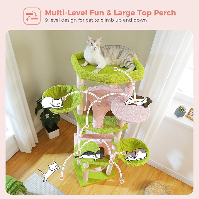 71.2 Inches Flower Tall Cat Tree for Large Cats, Multi-Level Cat Tower with 2 Cozy Condos, Super Large Top Perch, 3 Hammocks, Sisal Scratching Posts and 2 Pompoms, Pink