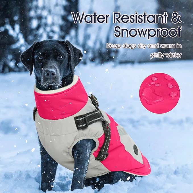 IECOii Dog Winter Coat with Harness Built in, Waterproof Windproof Dog Coats for Large Dogs, Thermal Fleece Cold Weather Jackets with Zip, Outdoor Warm Snow Jacket Reflective, Rosered, XXXL