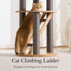 797Audio Wood Modern Cat Tree, 61.5" Tall Cat Tower with Sisal Scratching Posts, Cat Condo, Capsule and Ladder, Solid Wooden Aesthetic Multi-Level Cat Climbing Tree for Large Adult Indoor Cats-Gray