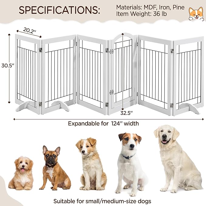 Yaheetech 32-inch Tall Dog Gate with Door Extra Wide Pet Gate for Dogs, Foldable Wire & Wooden Puppy Safety Fence w/3 Support Feet,Freestanding Dog Gate for The House, Doorway, Stairs(White,6 Panels)