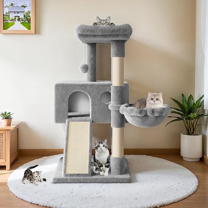 HOOMIC 36" Cat Tree for Indoor Kitty, Multi-Level Condo with Sisal Scratching Posts and Board, Cozy Hammock, Padded Plush Perch for Kittens, Grey