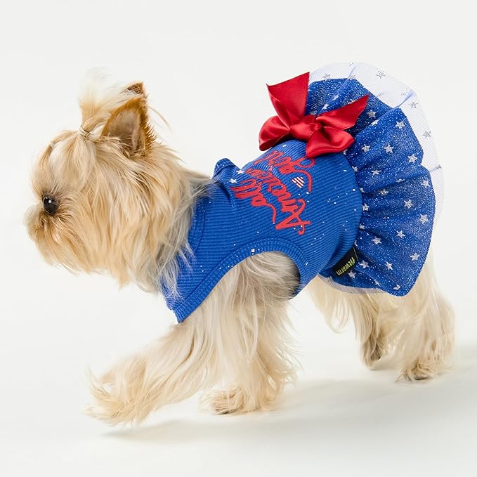 Fitwarm All American Girl Dog Dress - Patriotic Tulle Dress for Small Dogs, Royal Blue, Red, White
