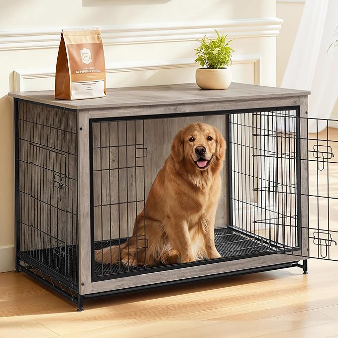 Feandrea 44.1" Dog Crate Furniture, Indoor Dog Cage Side End Table, XL Pet Wood Kennel for Large and Medium Dogs up to 80 lb with Multi-Purpose Removable Tray, Double-Door Pet House, Greige