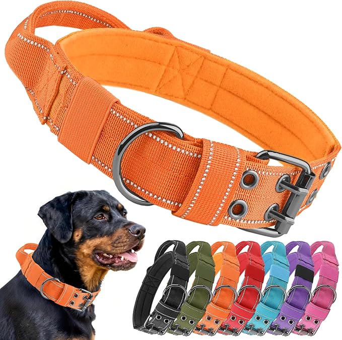 Tactical Dog Collar with Control Handle, Military Adjustable Pet Collar Reflective Heavy Metal Buckle Dog Collar, Soft Nylon Training Collar for Medium Large Dogs (Orange, X-Large)