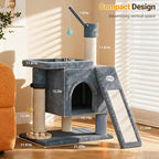 【SteadyCore】 PetDance All-in-1 Cat Tree Tower with Heavy Duty Board, Solid-Wood,Small Cat Tower with Multiple Fun:Interactive Track Ball Toy & Self-Grooming Brush for Indoor Cats,Light Gray