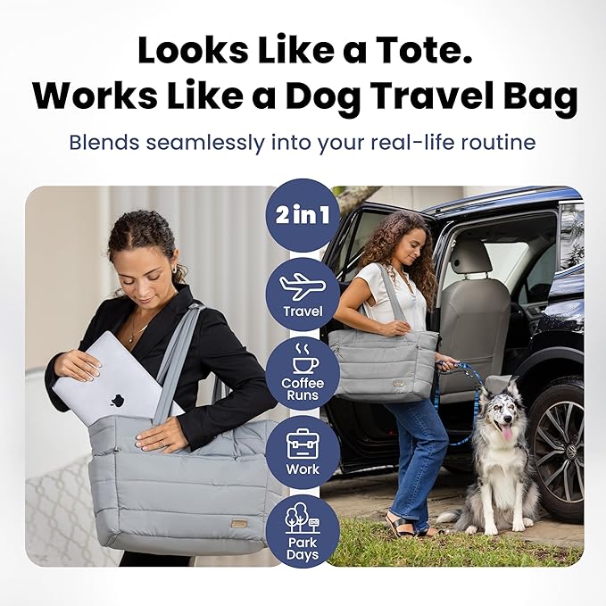 rubyloo Puffer Dog Travel Bag for Dog Moms – Doggy Diaper Bag with Pet Bowls & Food Storage or Everyday Puffy Tote – Doggy Mom Gifts for Women – Lightweight, Travel-Ready Gift for Pet Lovers - Grey
