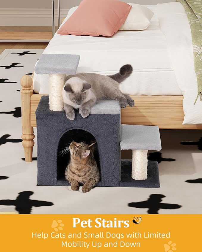 3-in-1 Pet Stairs for Cats, Dog Steps for Small Doggie Rabbits, 6.29''Depth Cat Stairs, Indoor Cat Ladders for High Bed for Pet's Joints, 1 Cat Condo Cave, Sisal Scratcher, Grey, Medium