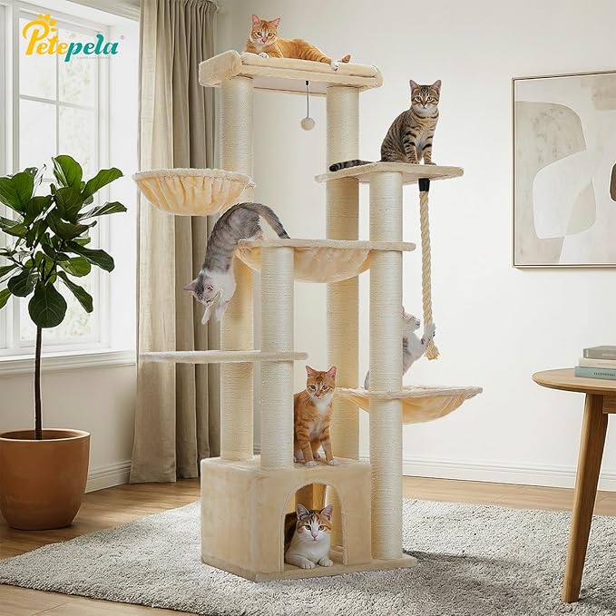 PETEPELA 67" XXL Cat Tree for Large Cats up to 25 lbs, Heavy Duty Cat Tower w/13 Extra-Thick Sisal Scratching Posts [φ4.3”], Cat Furniture with Metal Frame Hammock & XL Condo for Maine Coon, Beige