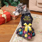 CuteBone Happy New Year Dog Dresses Velvet Holiday Small Dogs Clothes Onesie Pet Apparel Girl Puppy Skirt with Bow Hair Rope CVA56L-D