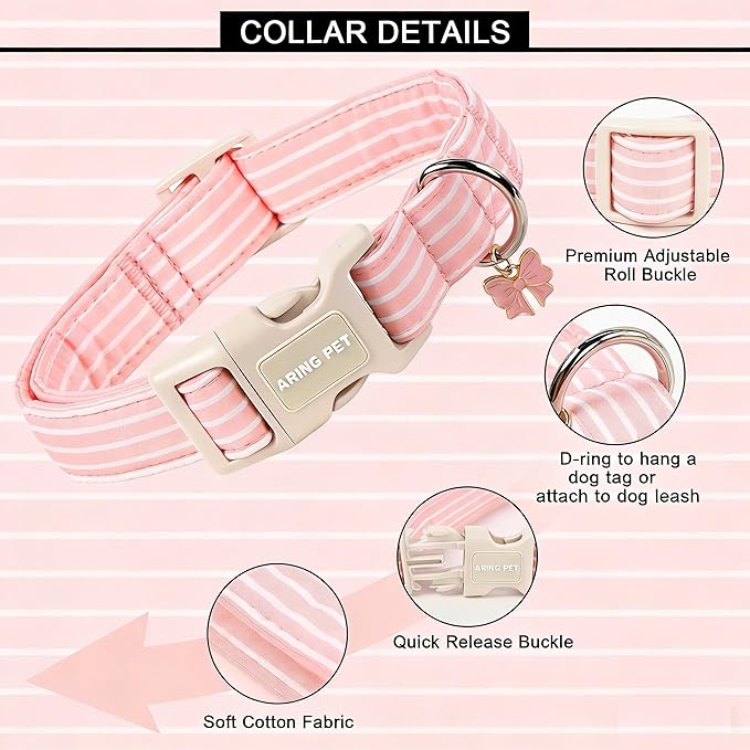 ARING PET Stripe Dog Collar, Cute Spring Summer Pink Stripe Pet Collars with Bow Charm for Puppy Small Medium Large Female Girl Dogs-M, for Daily Outdoor Walking Training