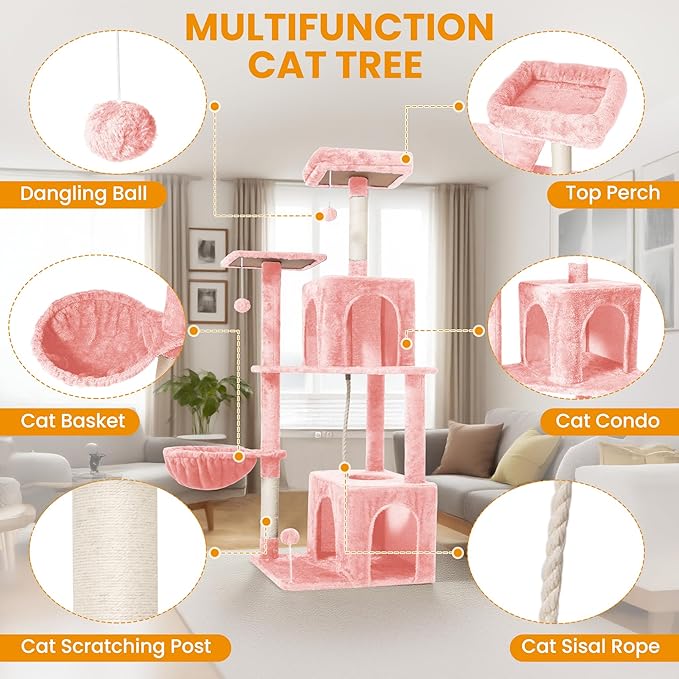 Cat Tree, 54-Inch Cat Tower for Indoor Cats,Plush Multi-Level Cat Condo with Scratching Posts, Basket, Perches,2 Caves,2 Pompoms(Pink)