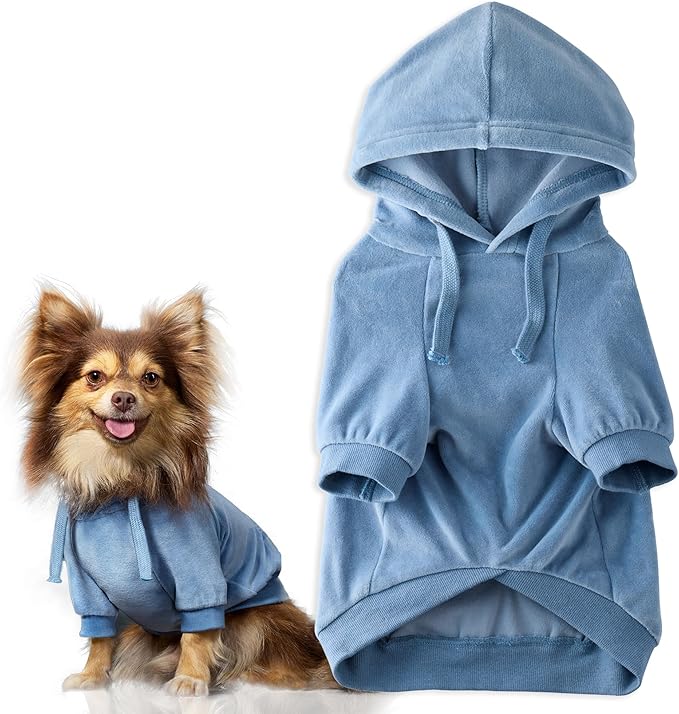 Cooper II Organic Cotton Velour Dog Hoodie Pet Coat for Small, Medium and Large Dogs, Faded Denim, XX-Small (4-7 lbs)