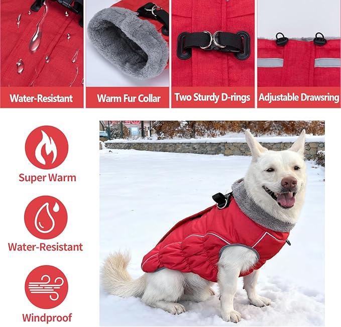 Malier Dog Coat, Reflective Dog Jacket Waterproof Windproof Puppy Cold Weather Coats with Harness Built in, Winter Extra Warm Pet Coat Fleece Vest for Small Large Pets and Puppy (Red, X-Small)