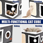 Felt Cat Cave Beds for Indoor Cats, Foldable Cat Hideaway with Scratch Pad and Fluffy Ball, Large Covered Cat House with Reversible Cushion for Multi Small Pet