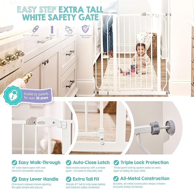 Regalo Extra Tall Baby Gate for Doorways & Bottom of Stairs, Pressure Mount for Babies, Toddlers & Pets, Tested & Safe for 30 Years, American Designed, White