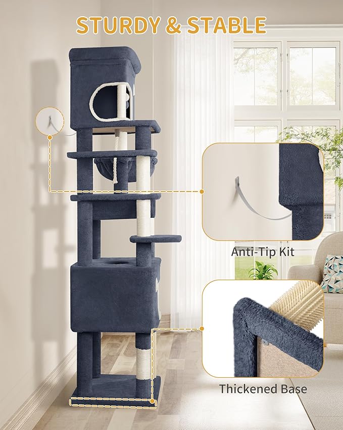 79.9 inch Cat Tree for Indoor Cats, Multi-Layer Scratching Post with Large Platform, 2 Caves, 7 Sisal Posts, Pompoms, Cat Basket, Hammock, Suitable for Cats, Dark Gray MS20318SG
