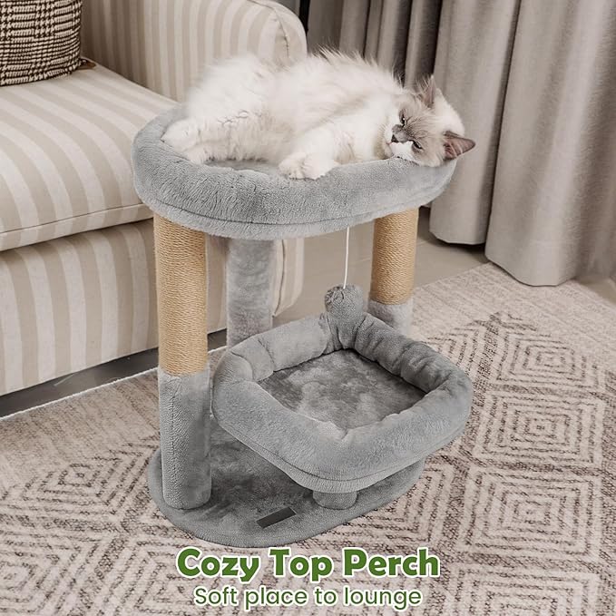 Cat Tree for Indoor Cats, 2-Tier Cat Tower with Padded Donut Beds, Stable Structure, Sisal Scratching Posts & Hanging Ball Toy, Modern Cat Furniture (Light Grey)