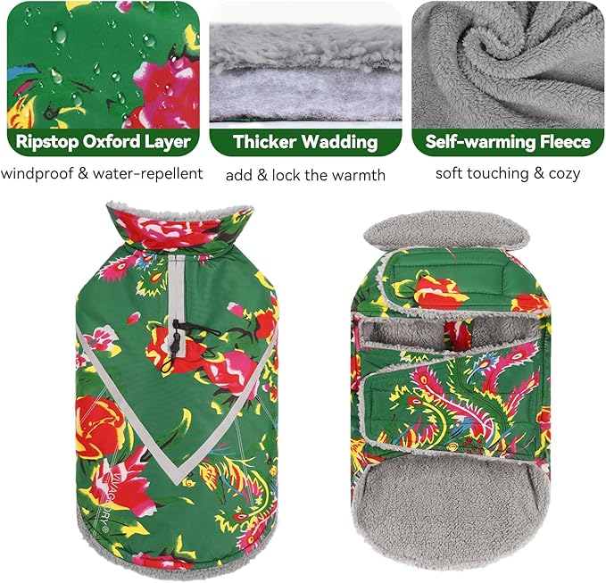 VIVAGLORY Snowrap Dog Coat, Jacket with Harness Hole, Dog Coat for Winter & Cold Weather, Fluffy Warm Fleece Lined Reflective Water Resistant for Puppy, M, Northeast Florals-Green