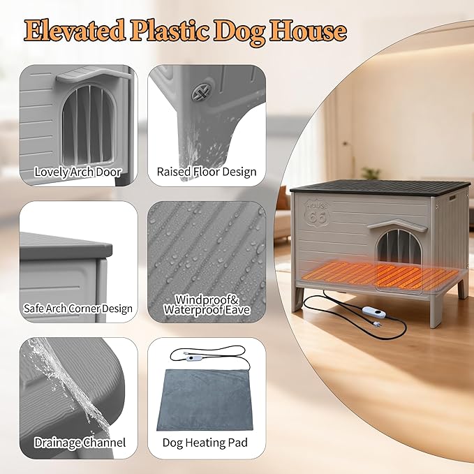 Heated Dog House for Outside Weatherpoof Plastic Dog Houses Outdoor Indoor Waterproof Feral/Pet Dog Shelter for Medium and Small Dogs (Grey)