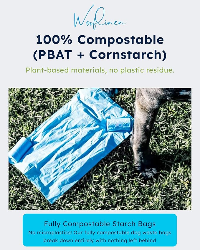 Wooflinen Unscented Compostable Dog Poop Bags – Leak-Proof Dog Poop Bags Rolls – Large 9x13”, Durable, Easy Tear – Made from Plant-Based Materials – For Big & Small Dogs – 120 Bags (8 Rolls)