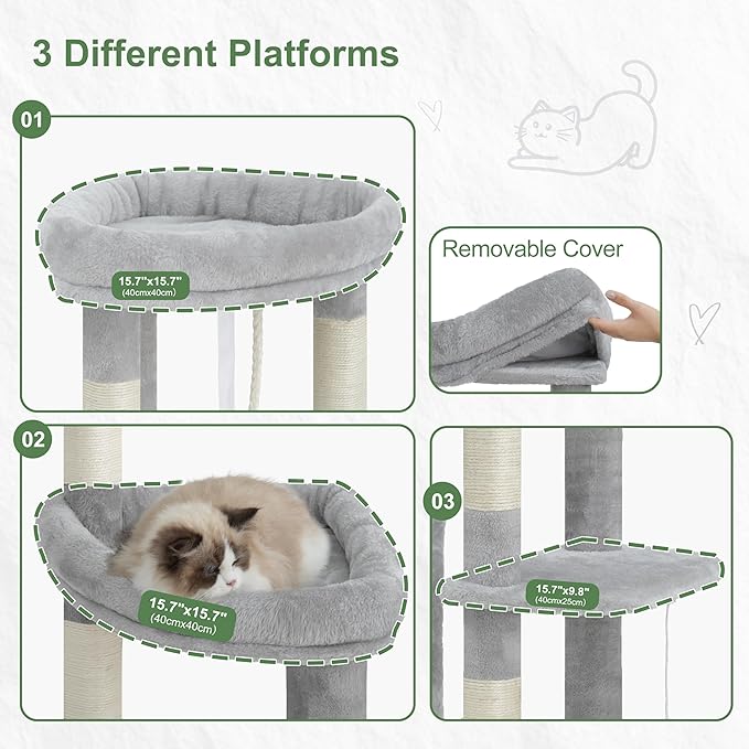 Cat Tree for Large Adult, 71.7'' Tall Cat Tower for Indoor Cats, Sturdy Heavy Duty Cat Tree Tower for 20 lbs+Cats, 3 Big Cat Condos, 10 Scratching Posts, 3 Platforms, Light Gray GCT036W