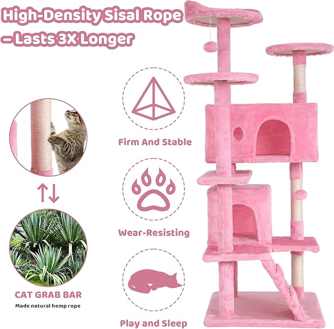 Large Cat Tree, 54 Inches Cat Tower Condo with Scratching Post for Indoor Cats, Wrapped Sisal Pole, Platform, Baskets & Dangling Toy, Pink