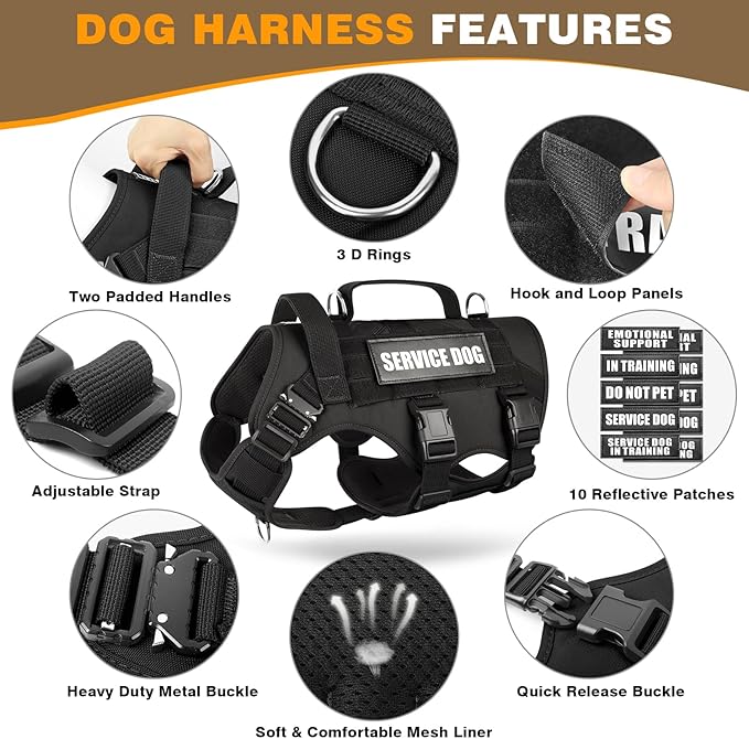 WINSEE Service Dog Vest Harness for Medium Dog, Tactical Working MOLLE Vest with 10 Pet Patches, No Pull Heavy Duty Harness for Training Walking