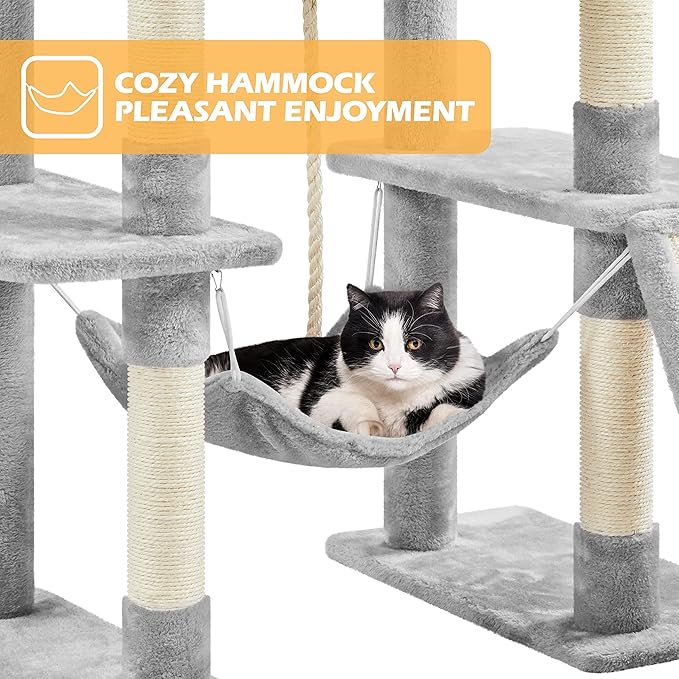 Topeakmart Cat Tree, 82.5in Climbing Tower with 2 Kitten-Ear-Style Top Perches, Hammock, Basket, Scratching Posts, Multilevel Pet Furniture Activity Center for Indoor Felines, Light Gray