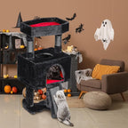 BEWISHOME Cat Tree Tower for Indoor Gothic Cat Trees with Coffin Bed, Cat Condo Cat House with Scratching Posts, Cat Shelves with Spider Toy, Pet Play Activity Center Black with Red, MMJ95R