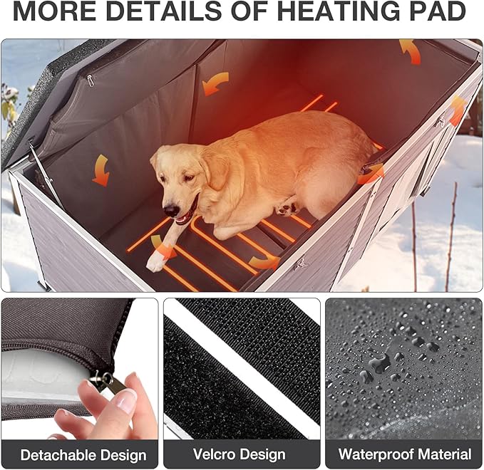 59.1’’ Extra Large Heated Dog House Outdoor for Winter, Insulated Dog Kennel with Metal Frame, Weatherproof Dog Shelter with Heating Pad and All-Around Insulated Liner for Large Breed Outside (Grey)