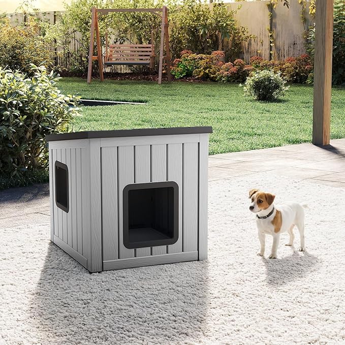 Dog House Small Dog Houses Outdoor with Sloped Roof Waterproof Ventilated Design Easy to Clean Elevated Floor Easy Assembly for Middle Sized Dogs(Grey 24.65"*21.5"*22.21")