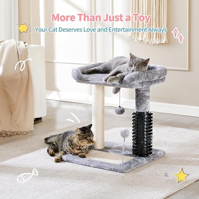 Small 4-in-1 Cat Tree Tower with Self-Grooming Brush, Sisal Scratching Post, Plush Cat Bed & Hanging Ball Toy, Compact Cat Tree for Indoor Kittens, Grey