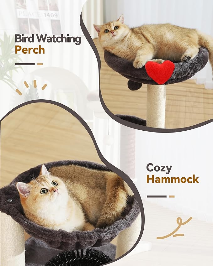 27.8" Small Cat Tree Tower for Indoor Cats, Multi-Level Cute Cat Tree with Scratching Post| Plush Hammock| Perch| Replaceable Cover| Groomer Brush| Dangling Ball for Kittens Play & Rest