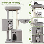 Small Cat Tree Tower for Indoor Cats, 40 In Medium Multi-Level Compact Cat House Bed with 2 Condo, Large Platform Perch, Sisal Scratching Post, Hammock, Cat Climbing Stand for Kitty kitten(Light Grey)