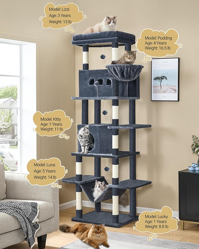 Cat Tree, 82.6" Large Cat Tower for Indoor Cats, Multi-Level Cat House with Condo, 8 Scratching Posts, Hammock, 4 Pom Poms, Dark Grey MS21018SG