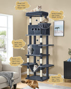 Cat Tree, 82.6" Large Cat Tower for Indoor Cats, Multi-Level Cat House with Condo, 8 Scratching Posts, Hammock, 4 Pom Poms, Dark Grey MS21018SG