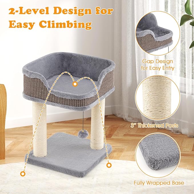 PETSITE 20 inch Small Cat Tree, Modern Cat Tree with Top Soft Upholstered Bed, Sisal Scratching Posts & Mats, and Interactive Dangling Ball, Ideal for Small Indoor Cats and Kittens